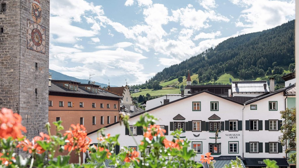 Altstadt mit Turmuhr, Blumen und Bergen im Hintergrund an einem sonnigen Tag